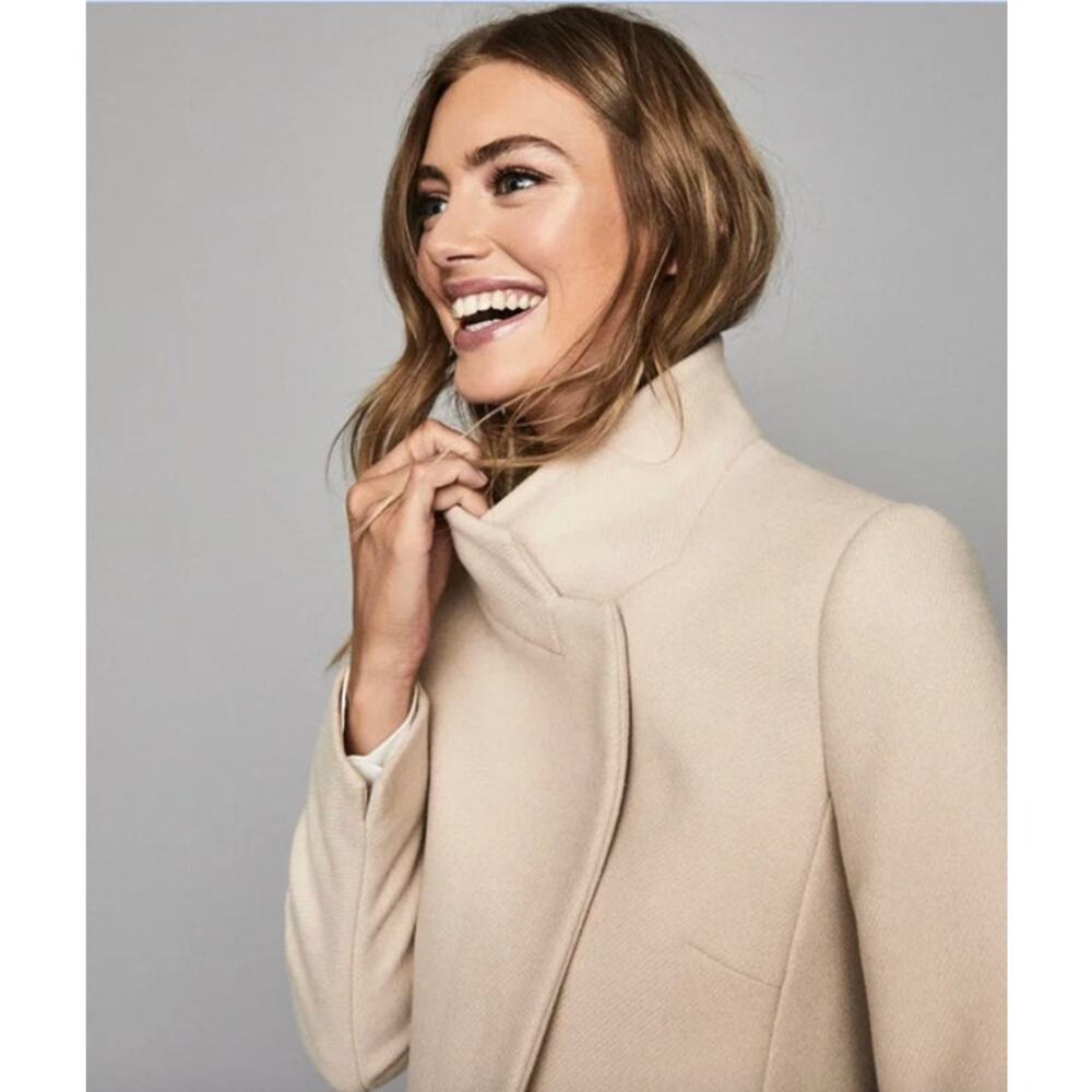 REISS Coat Size 12 NEW Maya Wool Blend Slim Wrap Collar Jacket Cream Tan $620 - Picture 8 of 13